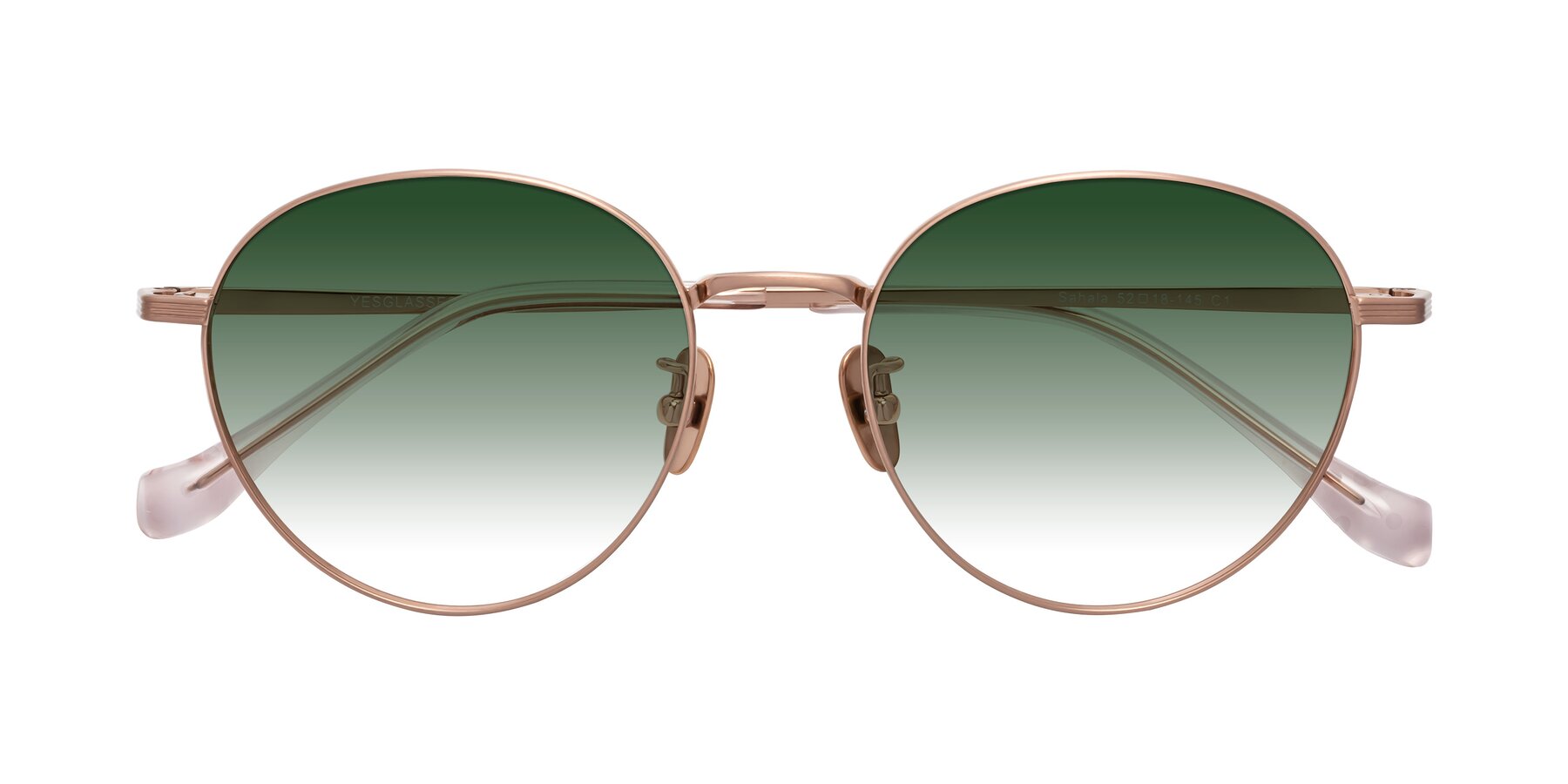 Folded Front of Sahala in Rose Gold with Green Gradient Lenses