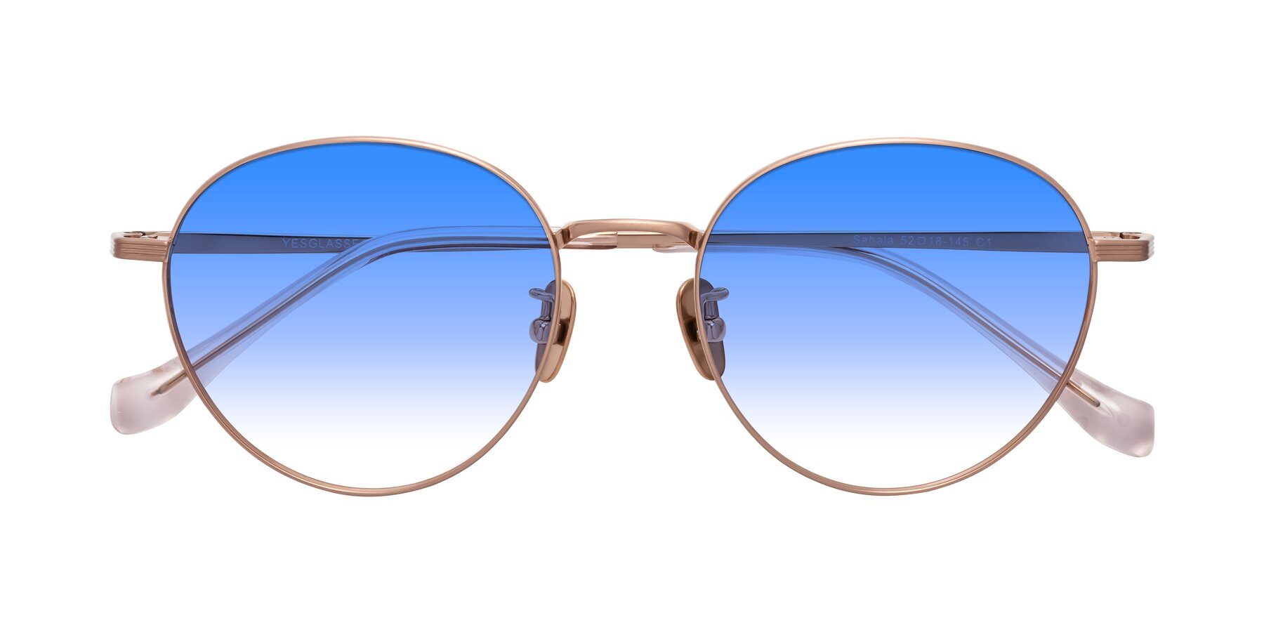 Folded Front of Sahala in Rose Gold with Blue Gradient Lenses