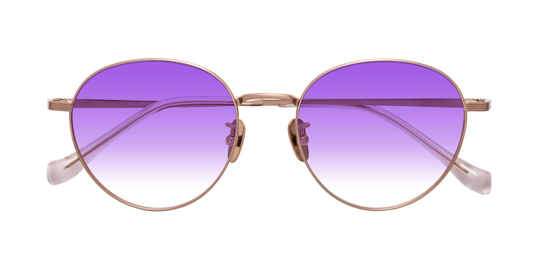 Folded Front of Sahala in Rose Gold with Purple Gradient Lenses