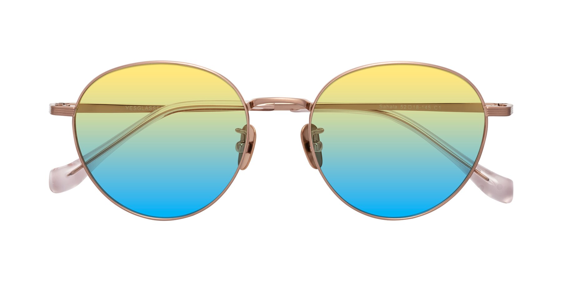 Folded Front of Sahala in Rose Gold with Yellow / Blue Gradient Lenses