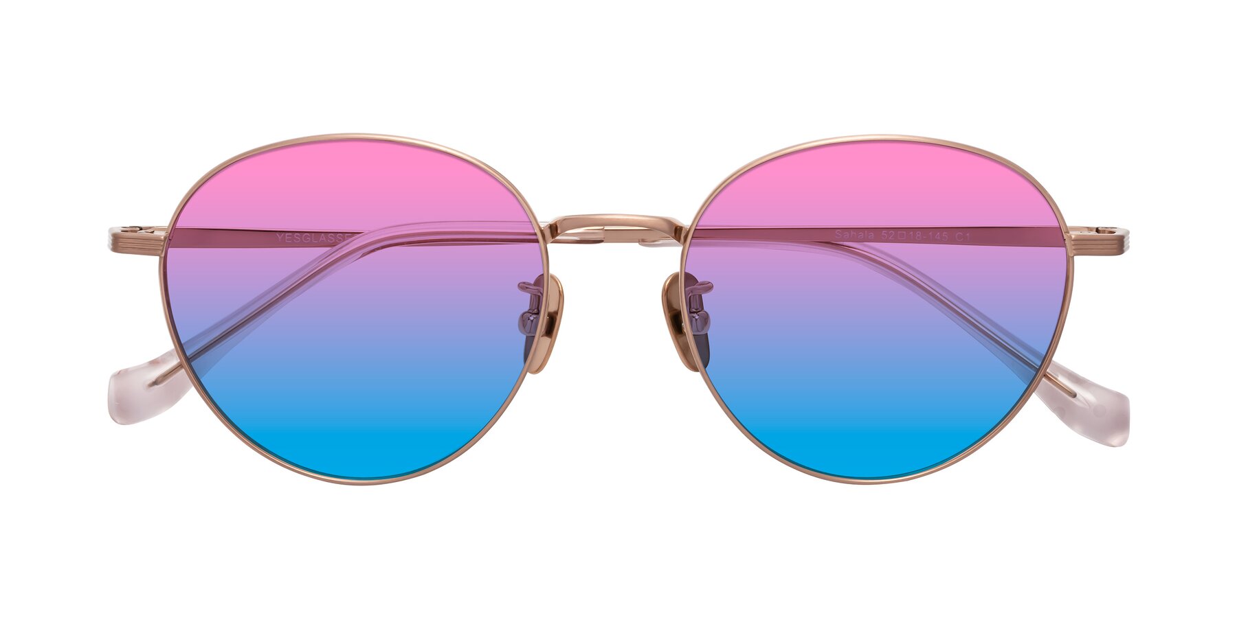 Folded Front of Sahala in Rose Gold with Pink / Blue Gradient Lenses