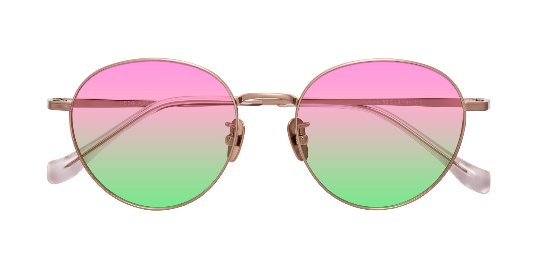 Folded Front of Sahala in Rose Gold with Pink / Green Gradient Lenses