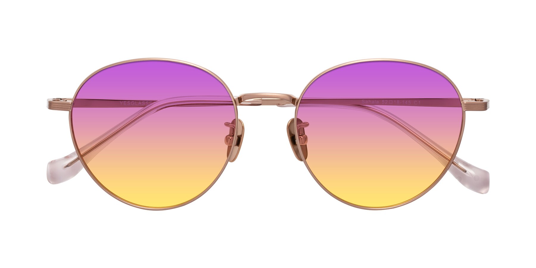 Folded Front of Sahala in Rose Gold with Purple / Yellow Gradient Lenses