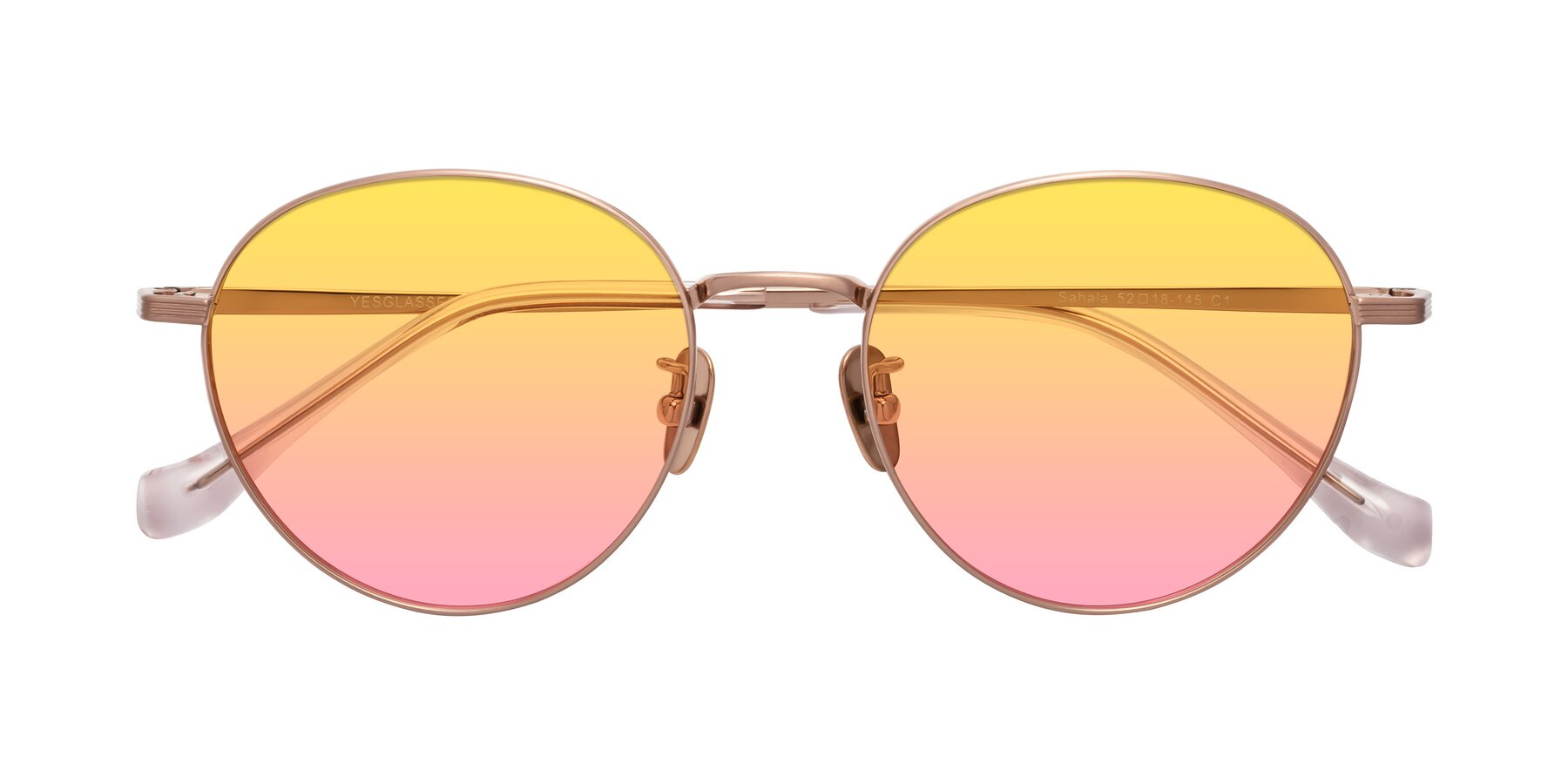 Folded Front of Sahala in Rose Gold with Yellow / Pink Gradient Lenses