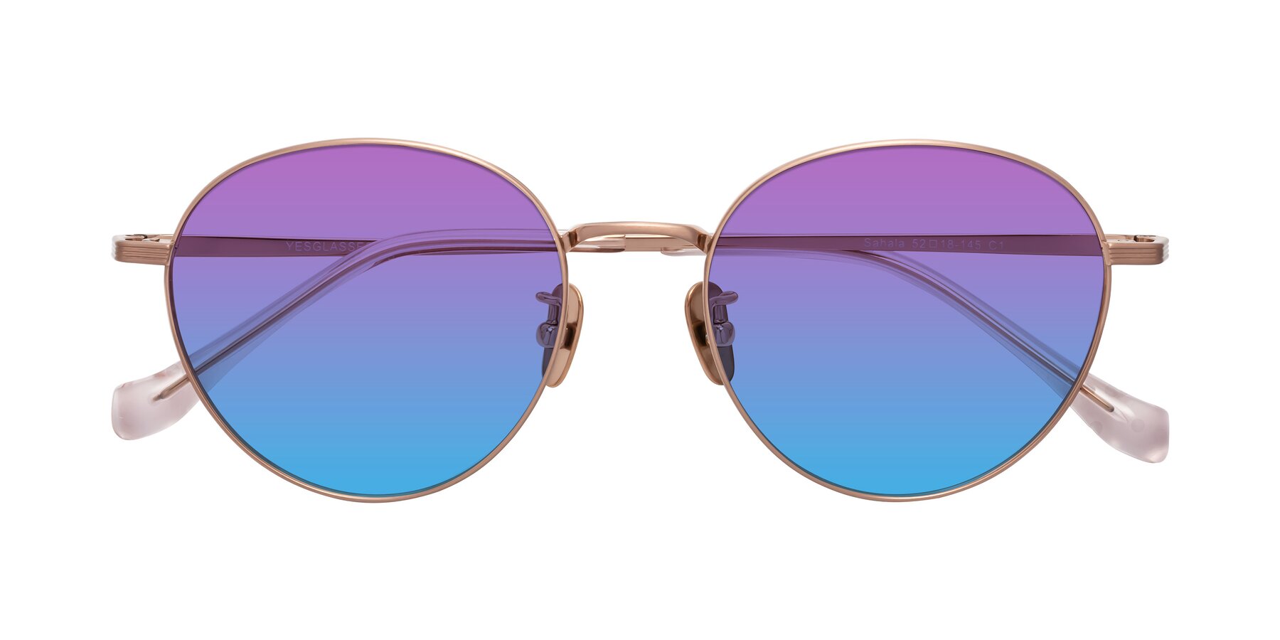 Folded Front of Sahala in Rose Gold with Purple / Blue Gradient Lenses