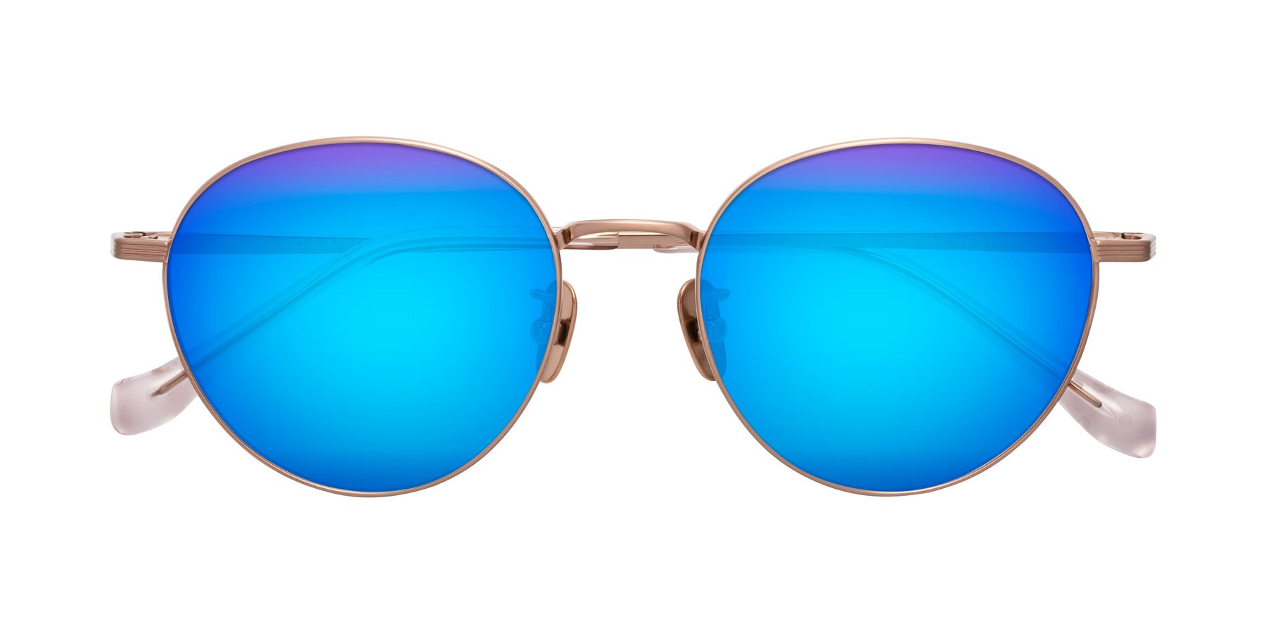 Folded Front of Sahala in Rose Gold with Blue Mirrored Lenses