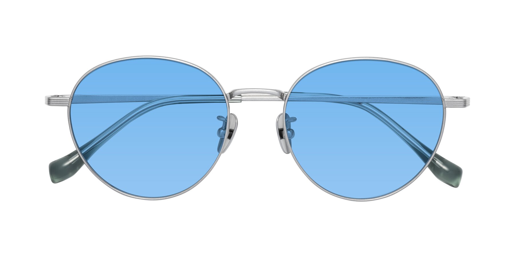 Folded Front of Sahala in Silver with Medium Blue Tinted Lenses