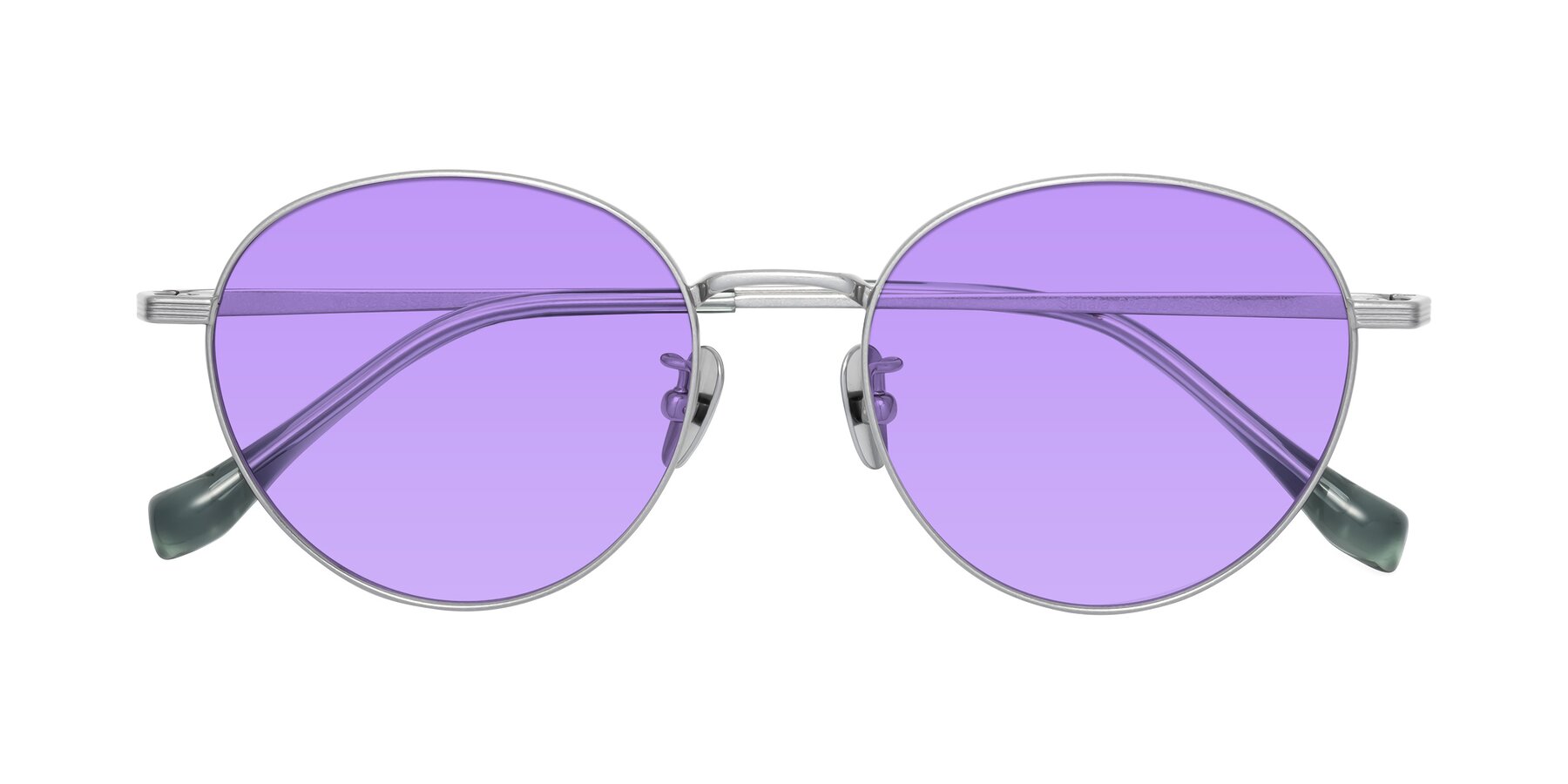 Folded Front of Sahala in Silver with Medium Purple Tinted Lenses