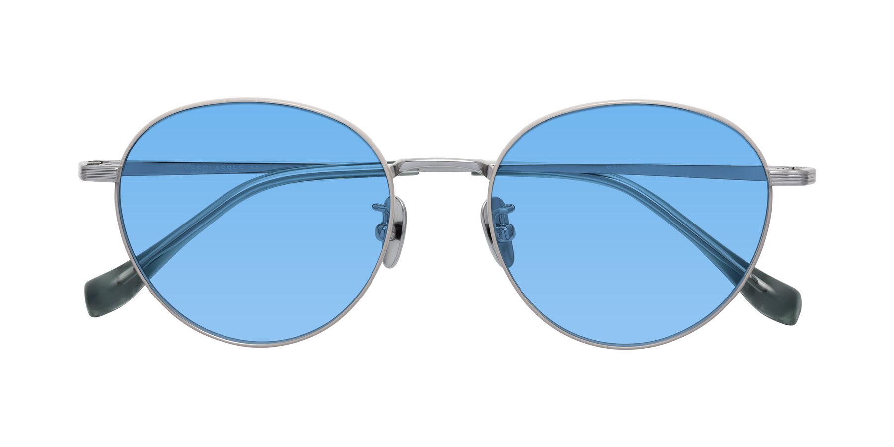 Folded Front of Sahala in Gray-Silver with Medium Blue Tinted Lenses