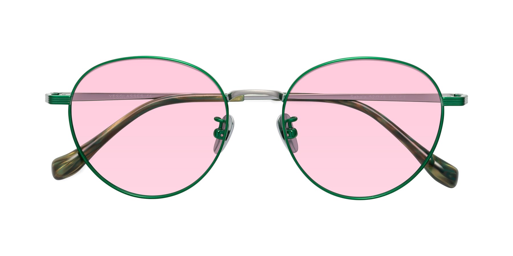 Folded Front of Sahala in Green-Sliver with Light Pink Tinted Lenses