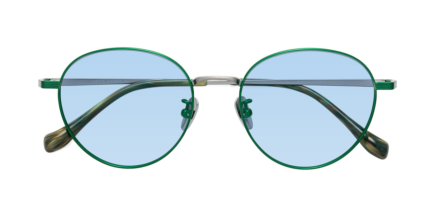 Folded Front of Sahala in Green-Sliver with Light Blue Tinted Lenses