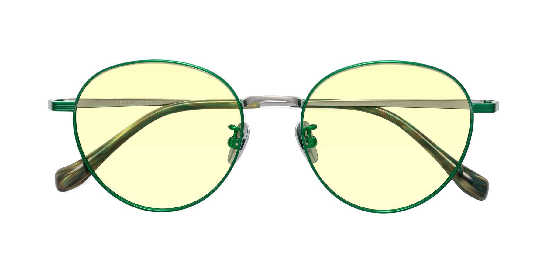 Folded Front of Sahala in Green-Sliver with Light Yellow Tinted Lenses