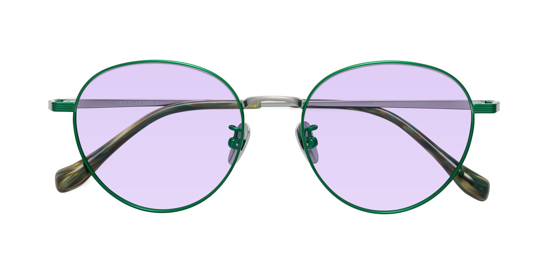 Folded Front of Sahala in Green-Sliver with Light Purple Tinted Lenses