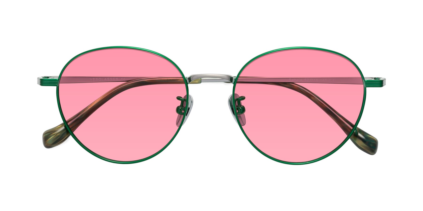 Folded Front of Sahala in Green-Sliver with Pink Tinted Lenses