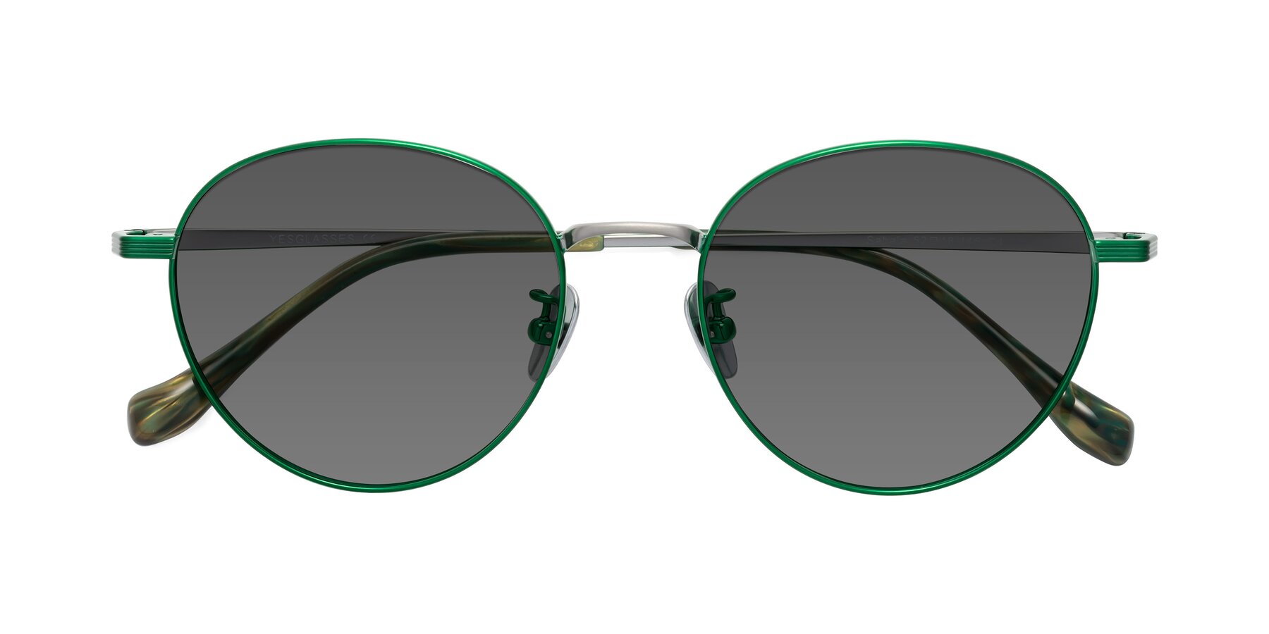 Folded Front of Sahala in Green-Sliver with Medium Gray Tinted Lenses