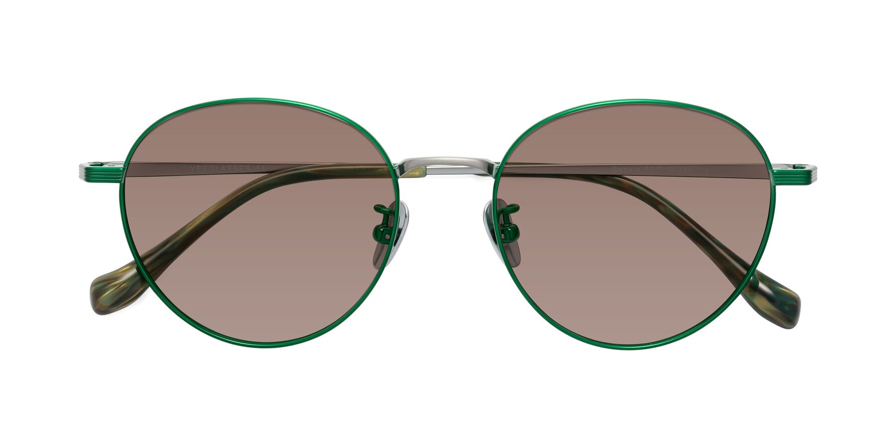 Folded Front of Sahala in Green-Sliver with Medium Brown Tinted Lenses