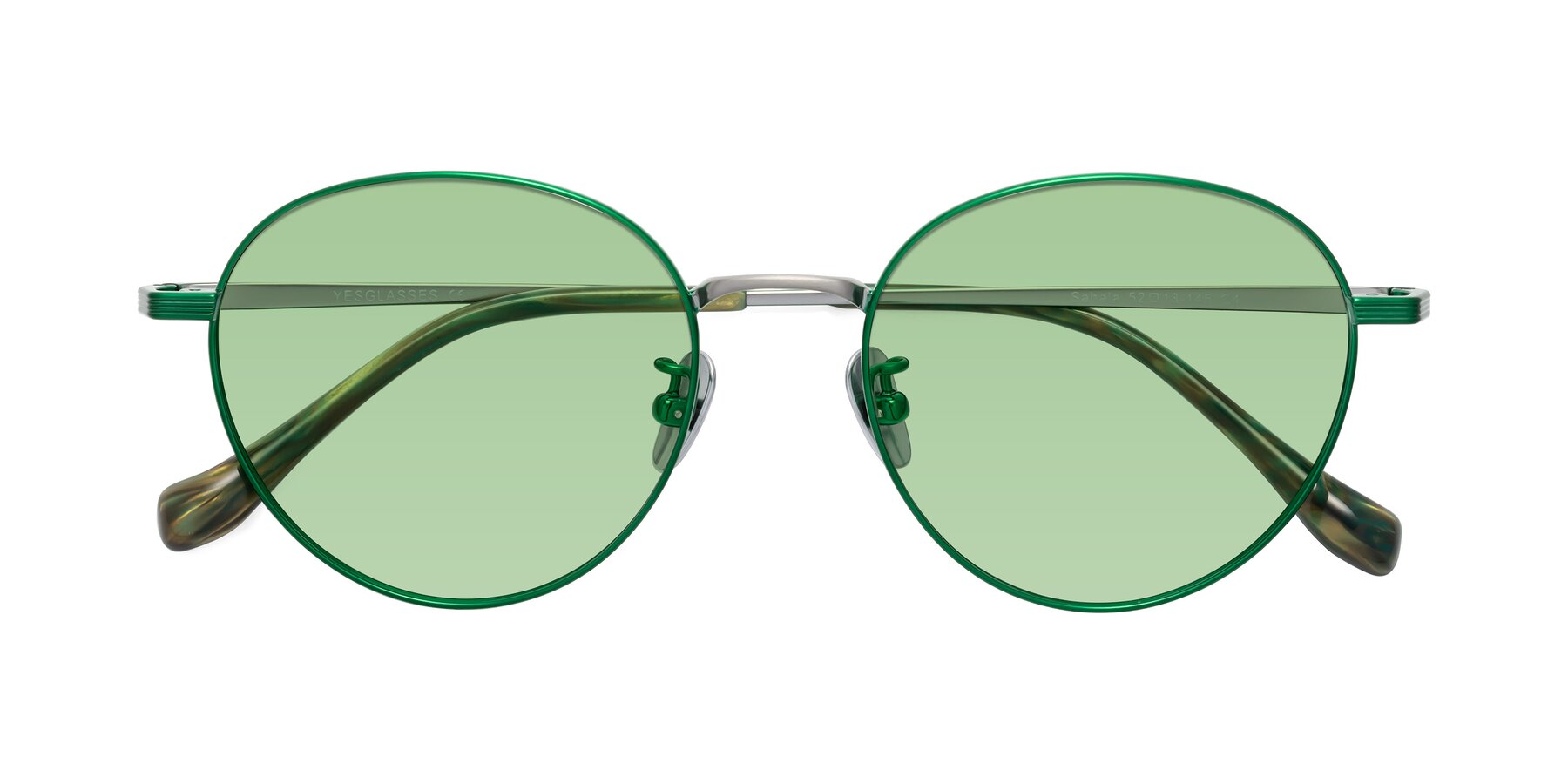 Folded Front of Sahala in Green-Sliver with Medium Green Tinted Lenses