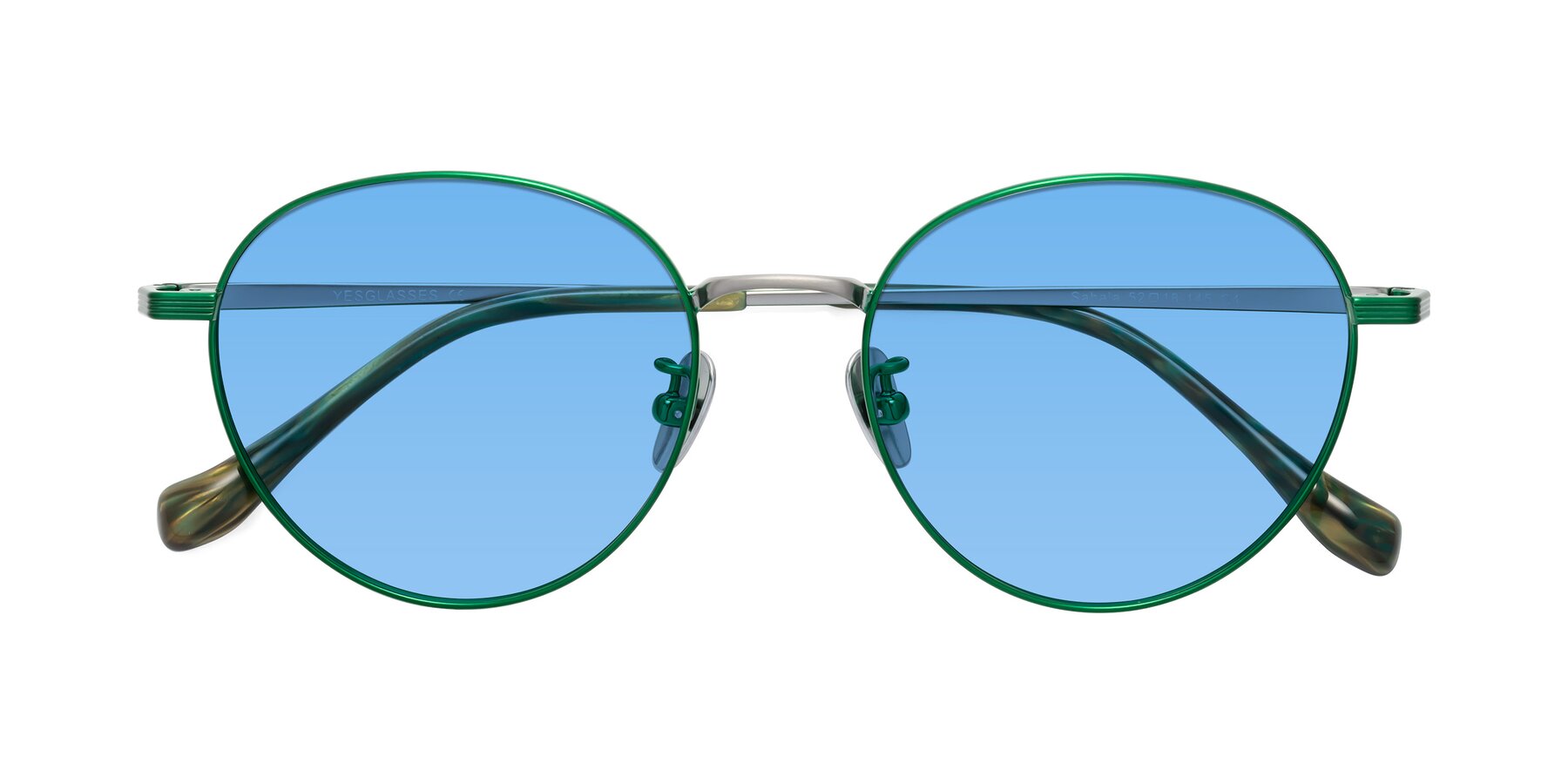 Folded Front of Sahala in Green-Sliver with Medium Blue Tinted Lenses