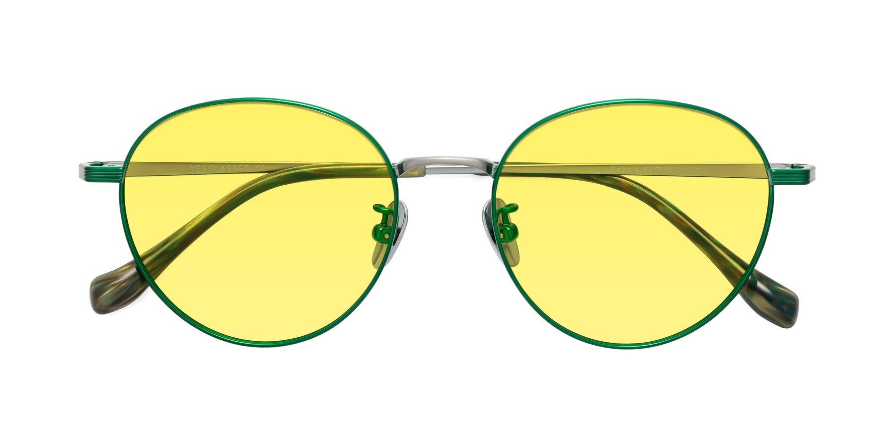 Folded Front of Sahala in Green-Sliver with Medium Yellow Tinted Lenses