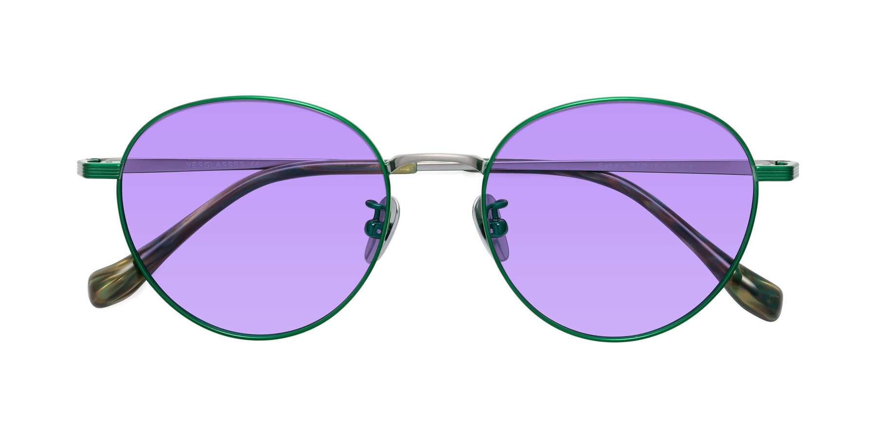 Folded Front of Sahala in Green-Sliver with Medium Purple Tinted Lenses