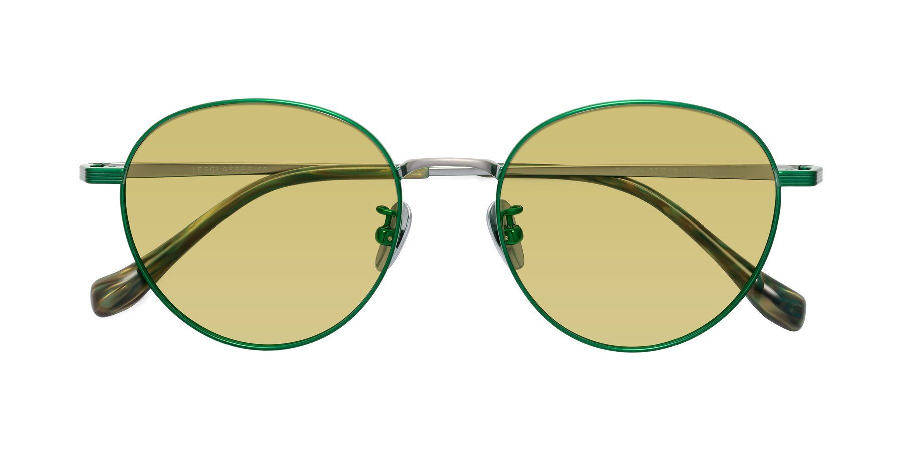 Folded Front of Sahala in Green-Sliver with Medium Champagne Tinted Lenses