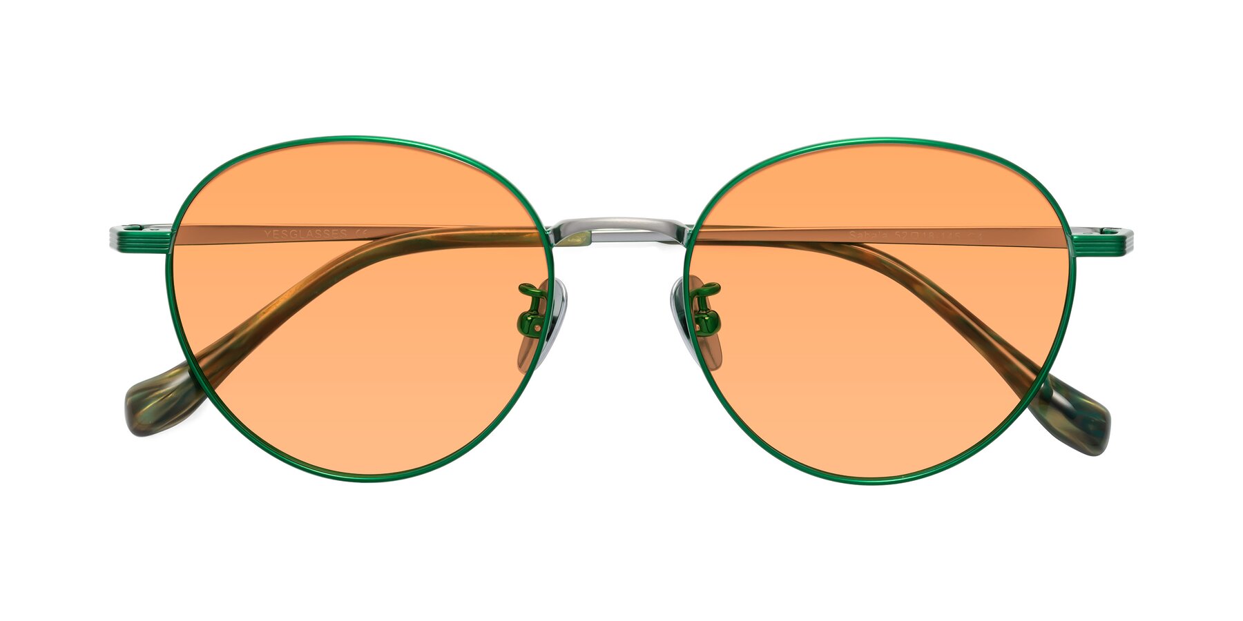 Folded Front of Sahala in Green-Sliver with Medium Orange Tinted Lenses