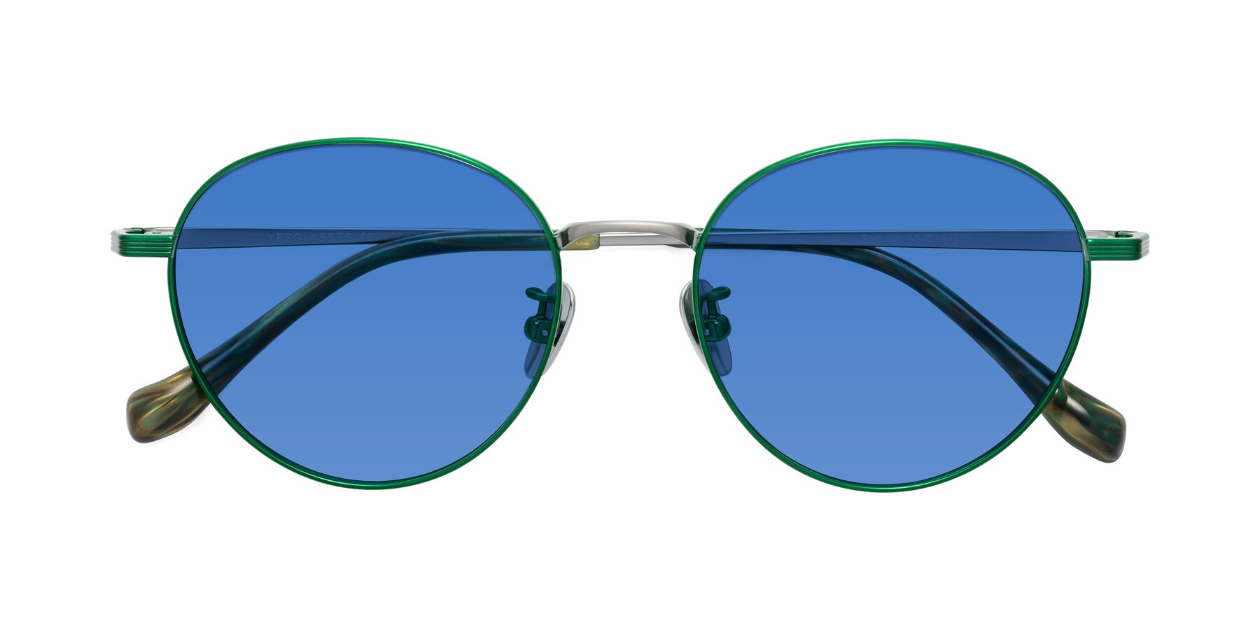 Folded Front of Sahala in Green-Sliver with Blue Tinted Lenses