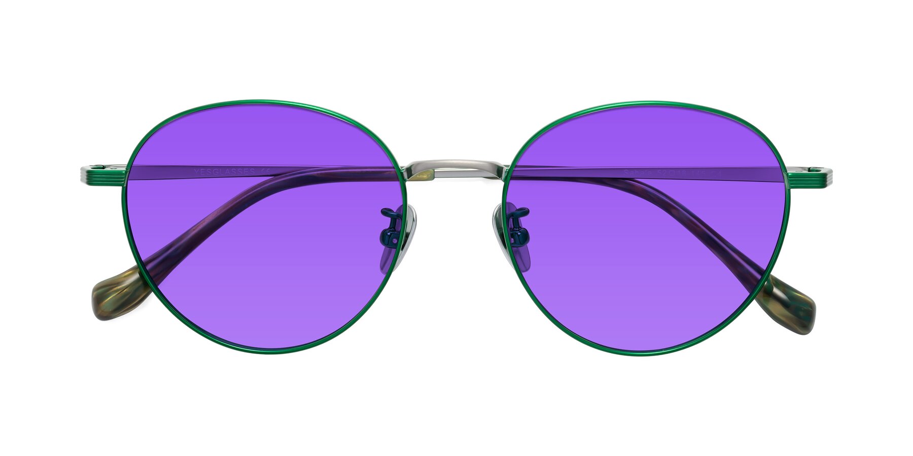 Folded Front of Sahala in Green-Sliver with Purple Tinted Lenses