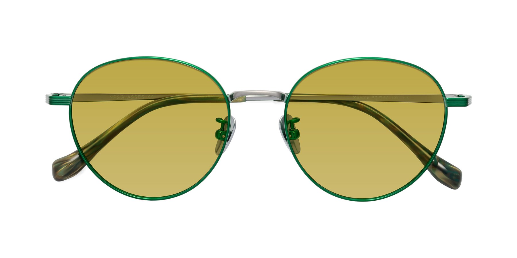 Folded Front of Sahala in Green-Sliver with Champagne Tinted Lenses