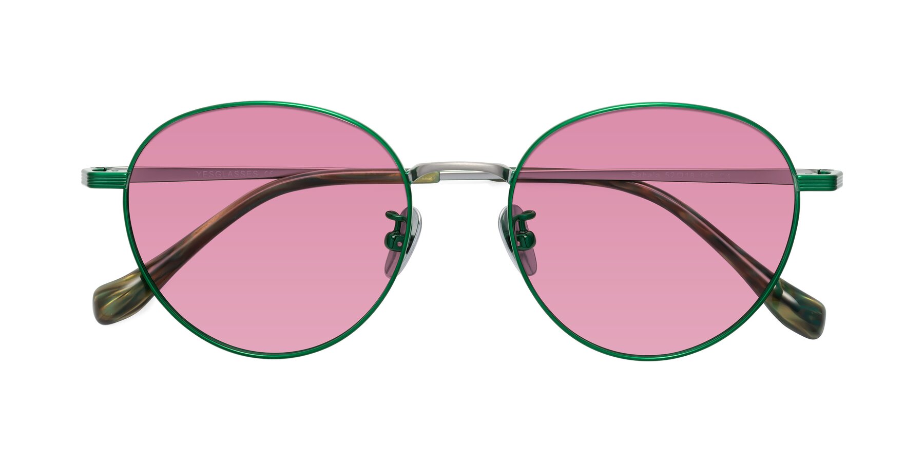 Folded Front of Sahala in Green-Sliver with Medium Wine Tinted Lenses