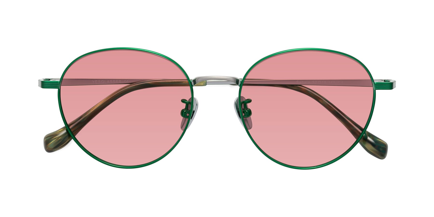 Folded Front of Sahala in Green-Sliver with Medium Garnet Tinted Lenses