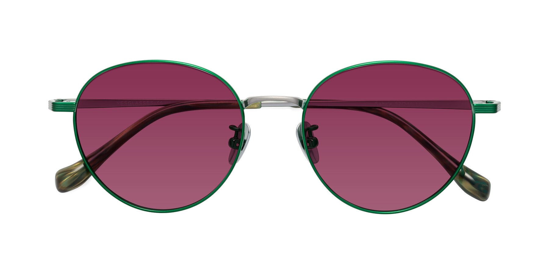 Folded Front of Sahala in Green-Sliver with Wine Tinted Lenses