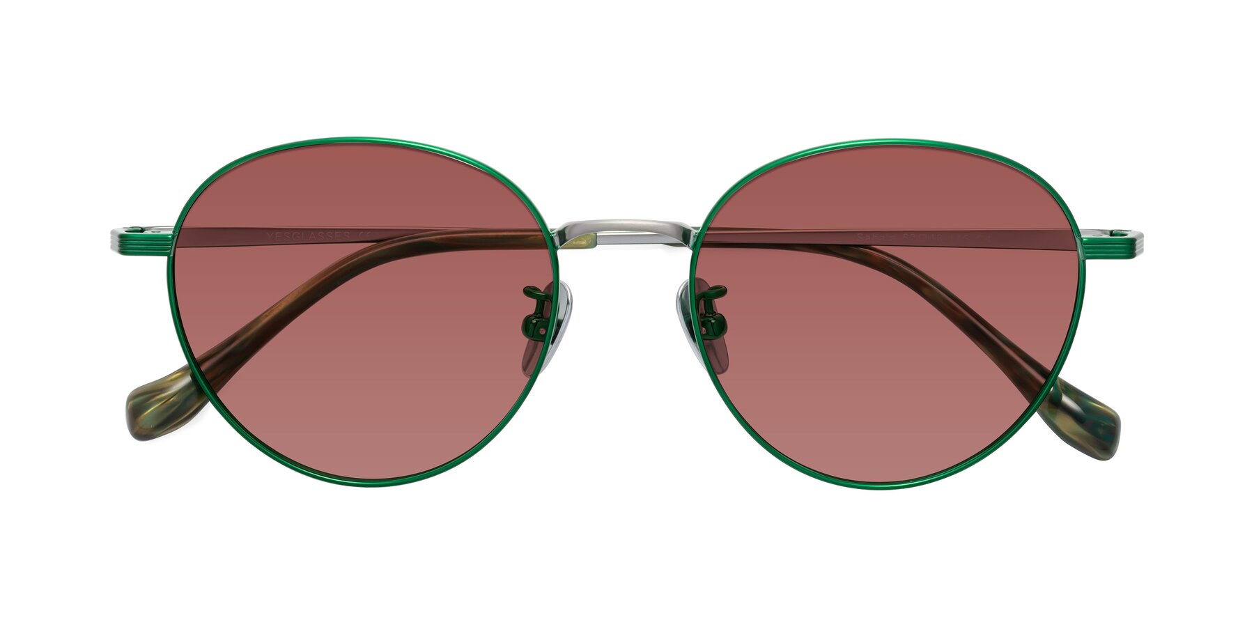 Folded Front of Sahala in Green-Sliver with Garnet Tinted Lenses