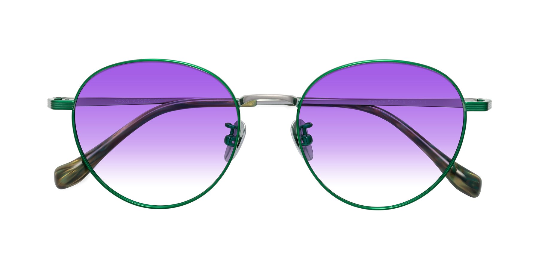 Folded Front of Sahala in Green-Sliver with Purple Gradient Lenses