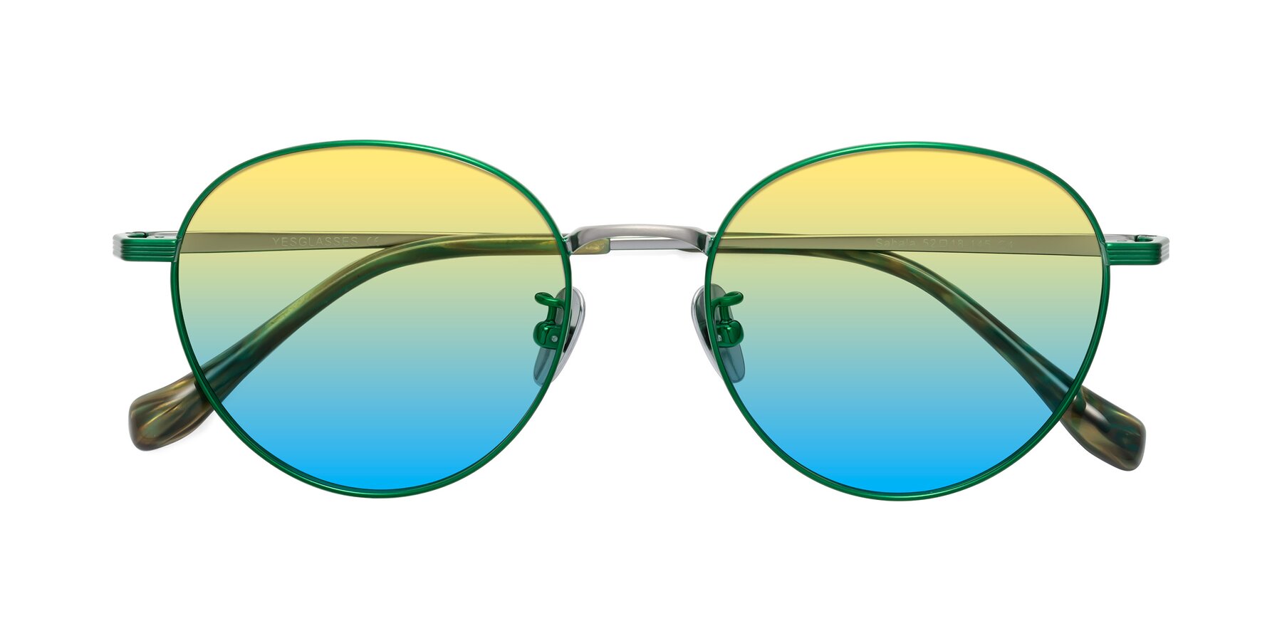 Folded Front of Sahala in Green-Sliver with Yellow / Blue Gradient Lenses