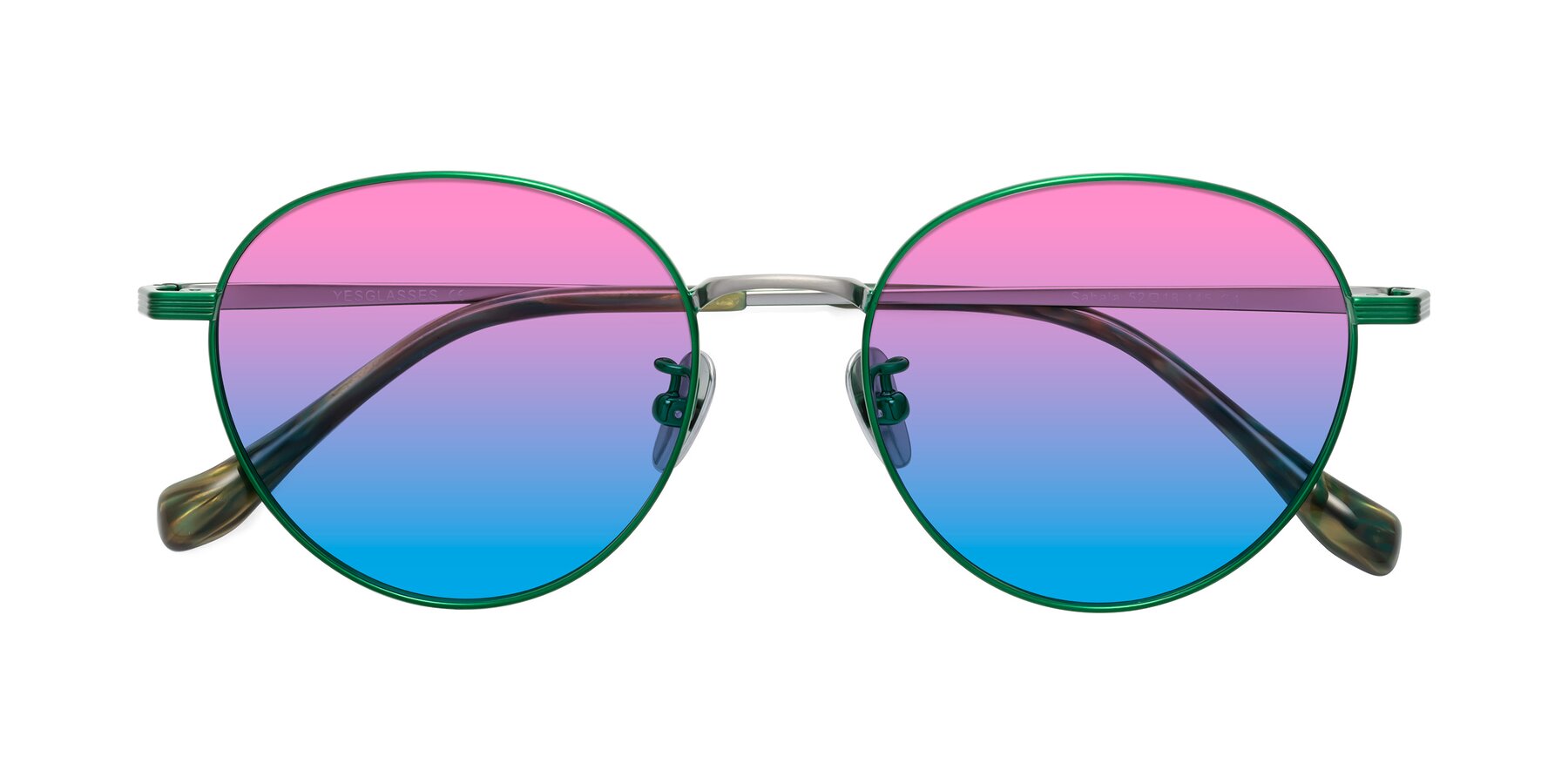 Folded Front of Sahala in Green-Sliver with Pink / Blue Gradient Lenses