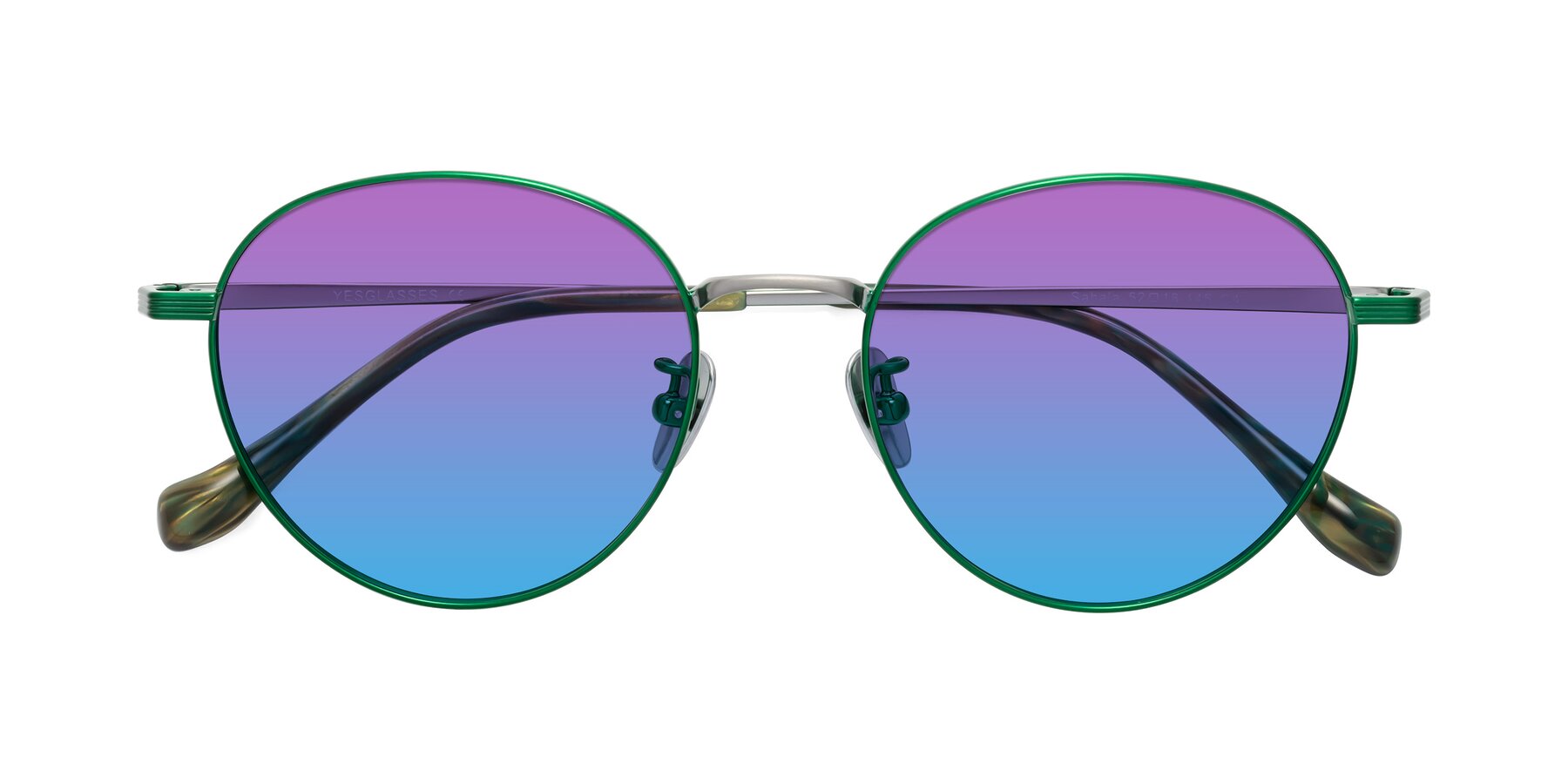 Folded Front of Sahala in Green-Sliver with Purple / Blue Gradient Lenses