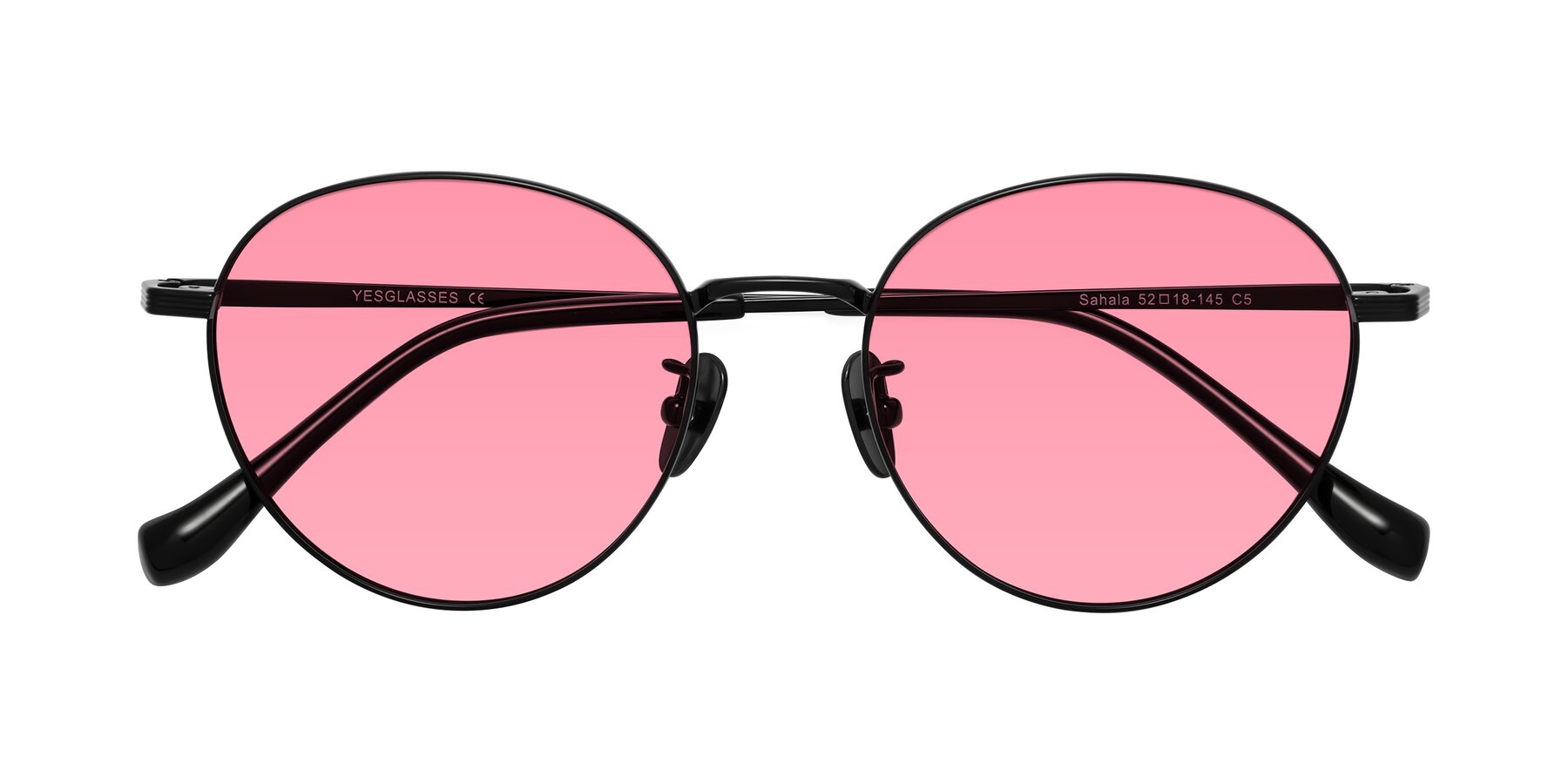 Folded Front of Sahala in Black with Pink Tinted Lenses