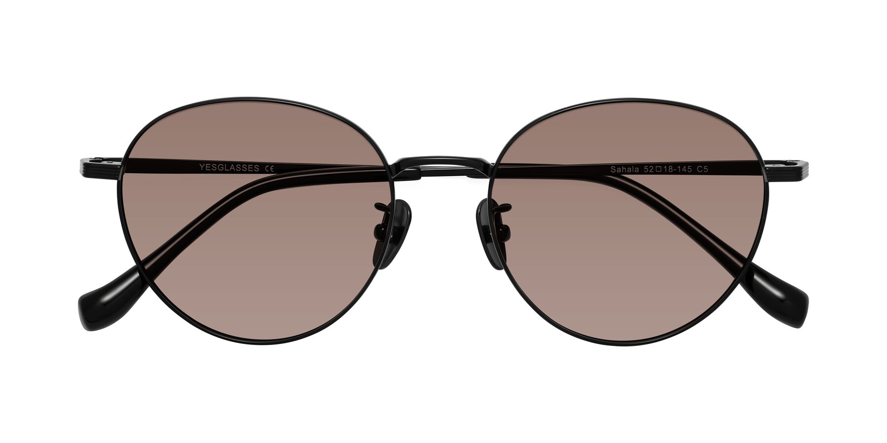 Folded Front of Sahala in Black with Medium Brown Tinted Lenses