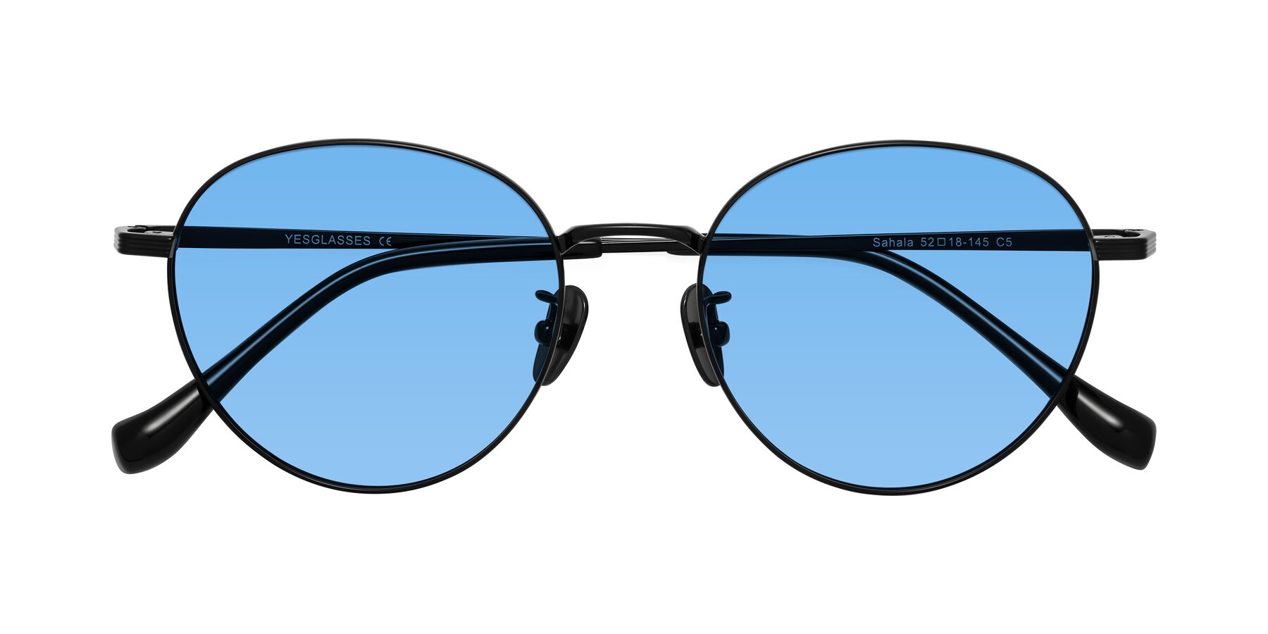 Folded Front of Sahala in Black with Medium Blue Tinted Lenses