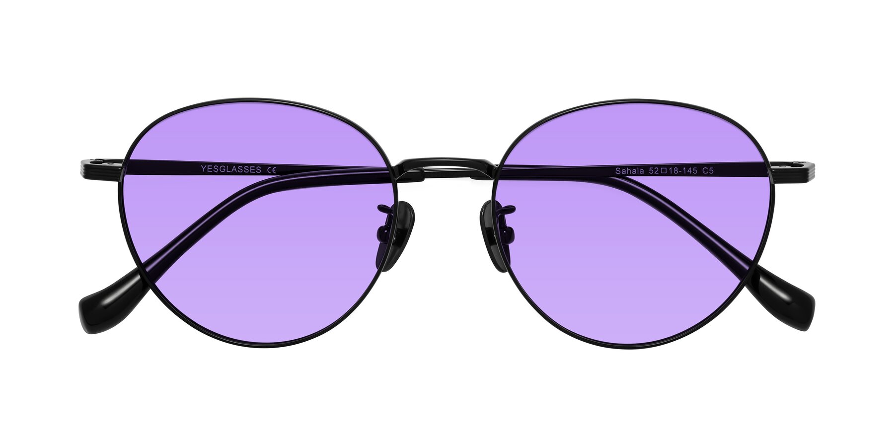 Folded Front of Sahala in Black with Medium Purple Tinted Lenses