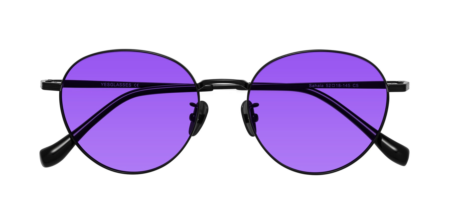 Folded Front of Sahala in Black with Purple Tinted Lenses