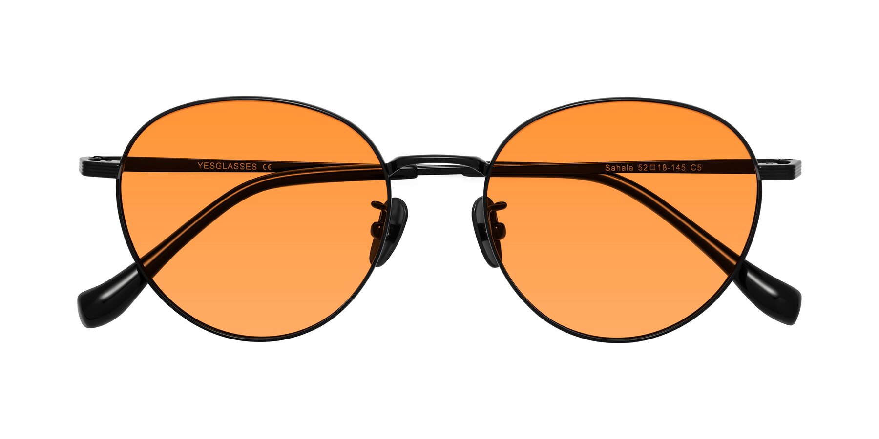 Folded Front of Sahala in Black with Orange Tinted Lenses