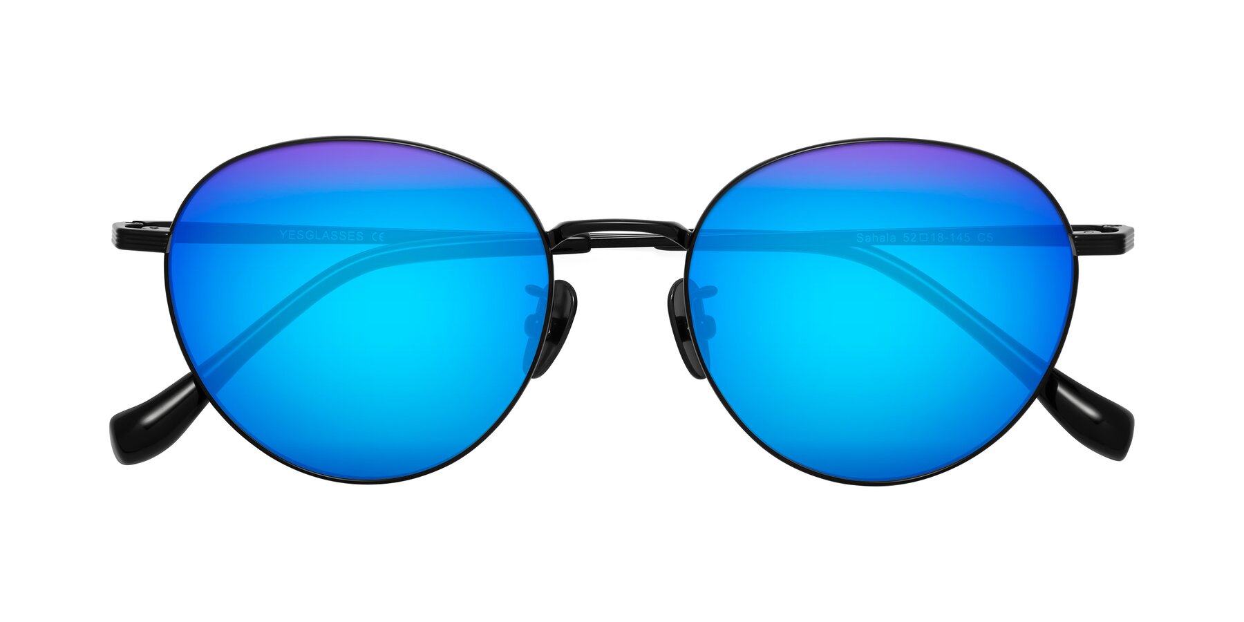 Folded Front of Sahala in Black with Blue Mirrored Lenses