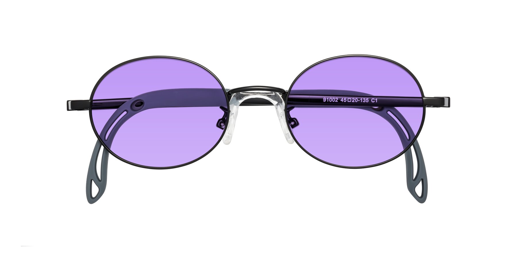 Folded Front of Pesci in Ninja Black with Medium Purple Tinted Lenses