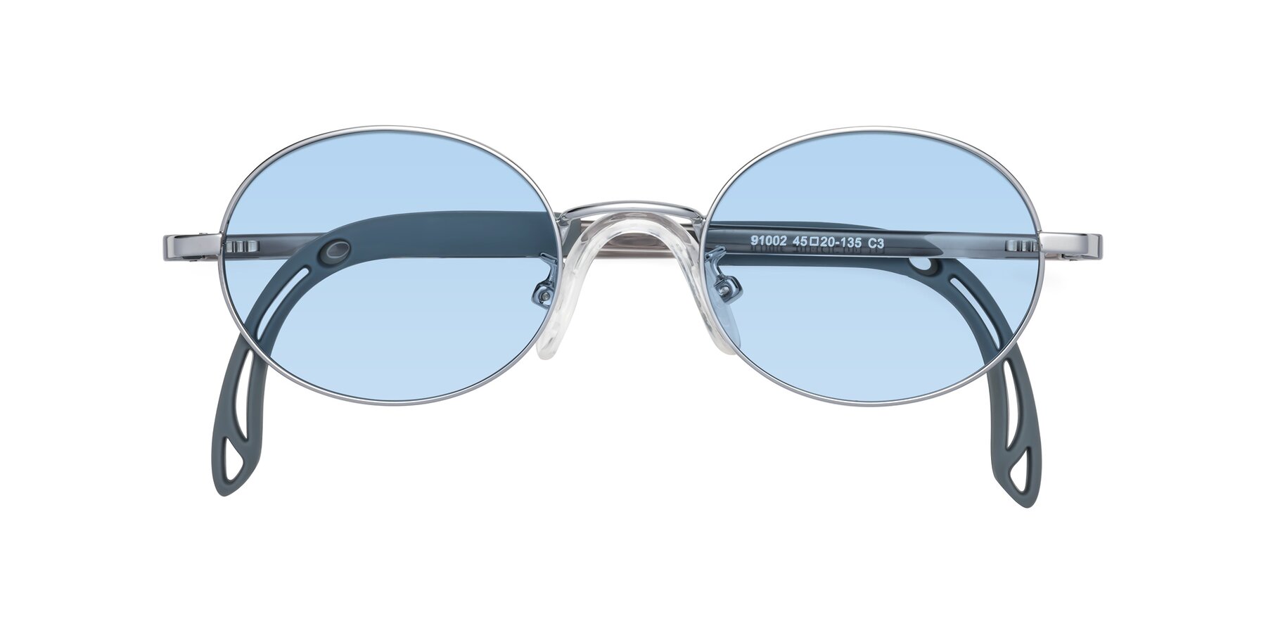 Folded Front of Pesci in Knight Silver with Light Blue Tinted Lenses