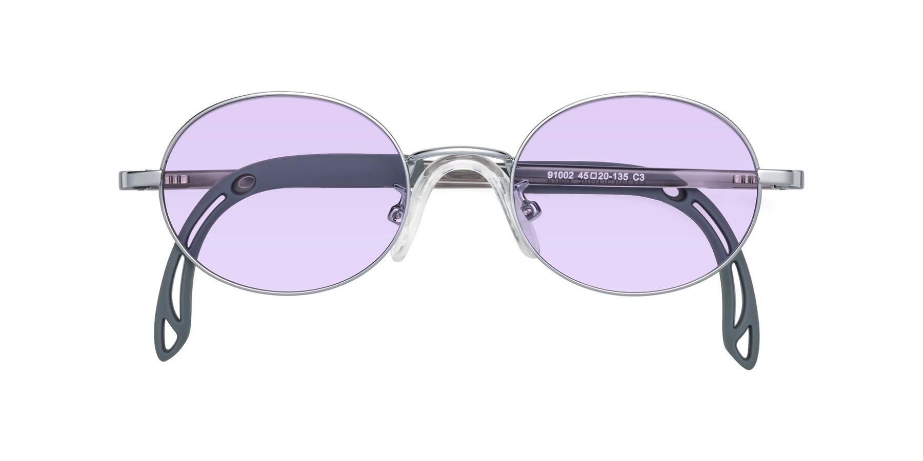 Folded Front of Pesci in Knight Silver with Light Purple Tinted Lenses