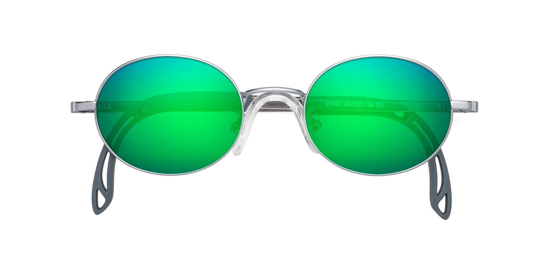 Folded Front of Pesci in Knight Silver with Green Mirrored Lenses