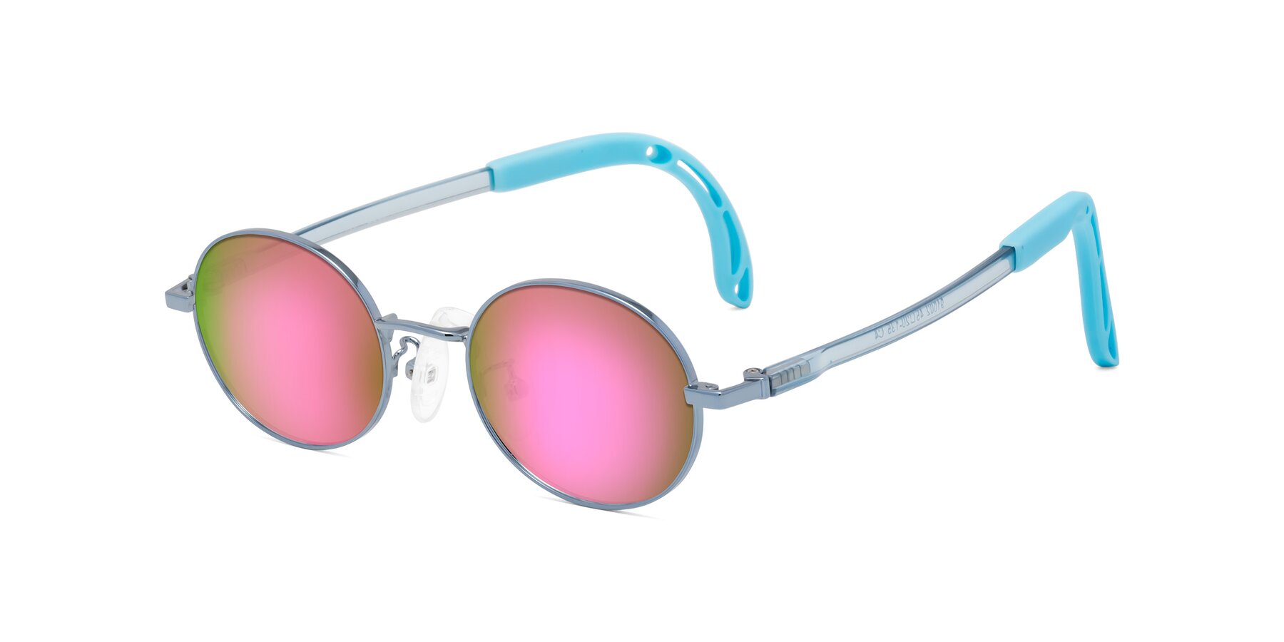 Angle of Pesci in Pilot Blue with Pink Mirrored Lenses