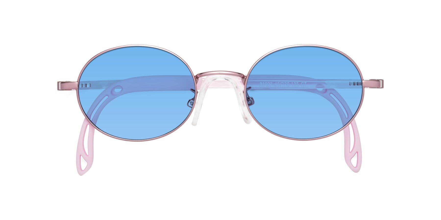 Folded Front of Pesci in Artist Pink with Medium Blue Tinted Lenses